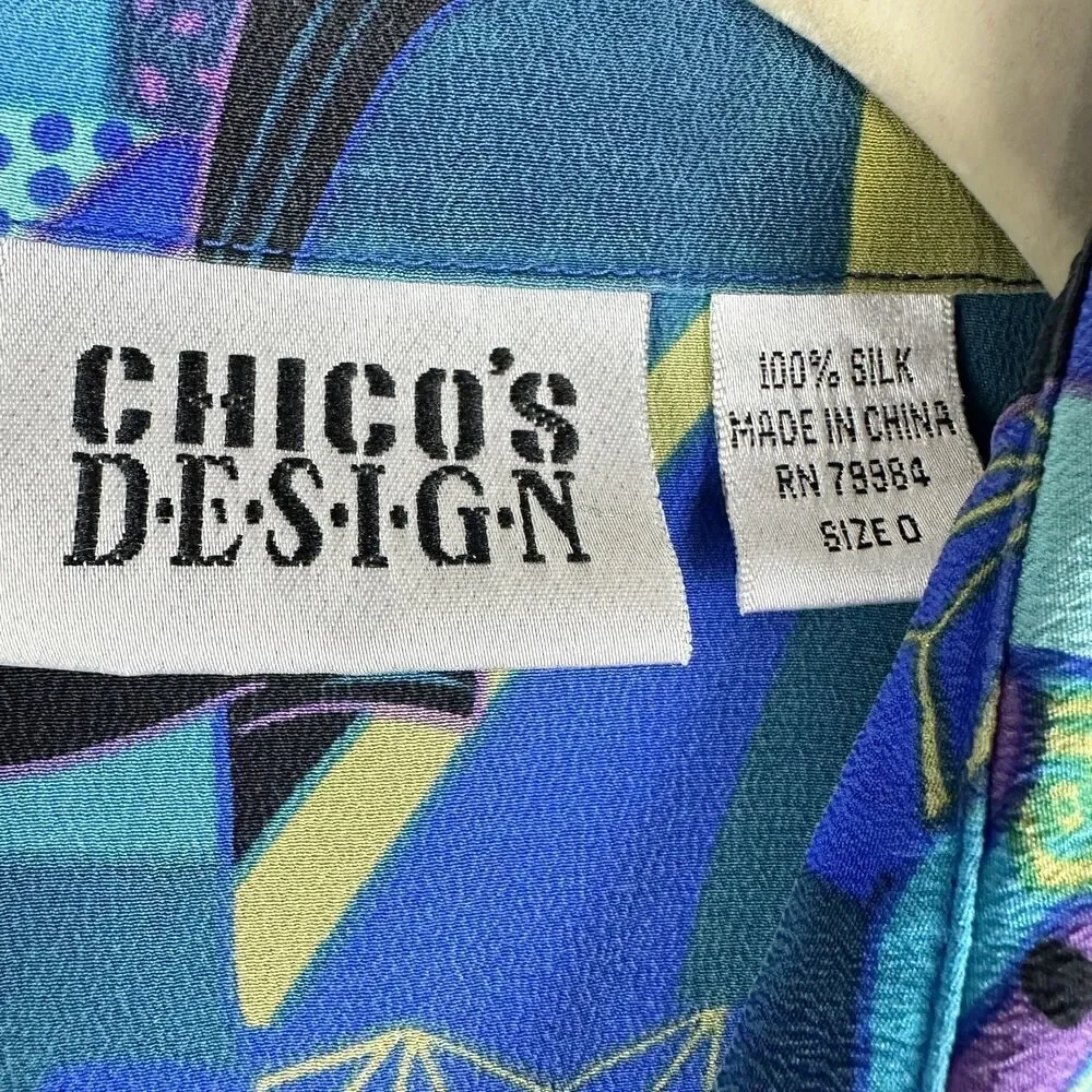 Chicos Silk Top Womens S Silk Abstract Geisha Asian Artsy Print Button Up Shirt